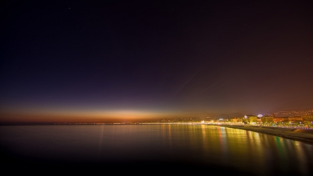 city beach panorama at night - beach, night, city, shore, sea, lights