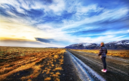 girl on the road on a winter dawn hdr - girl, mountain, plain, winter, hdr, road