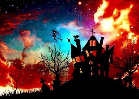 House on The Hill - house, Sunset, Black, colors, haunted, spooky, halloween, Fantasy, sky