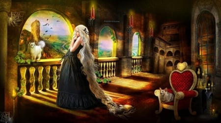 Sunset Medieval - photomanipulation, girls, lady, models, sunset, fantasy, creative pre-made, love four seasons, weird things people wear, digital art, medieval