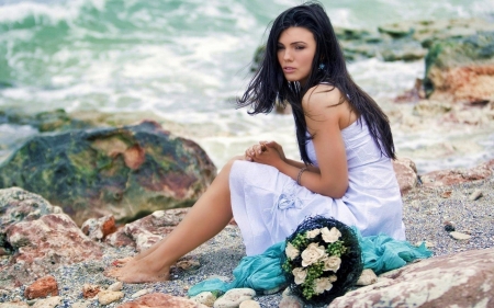 Paula Seling - flowers, white dress, Paula Seling, sea, lovely