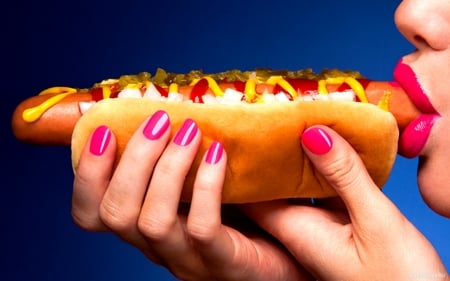 hotdog - mustard, sausage, relish, lips, bun, hand, hotdog