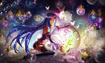 Yamakawa Umi - anime, vocaloid, blue, merli, pink, yamakawa umi, manga, bubbles, butterfly, glittering, luminos, glass