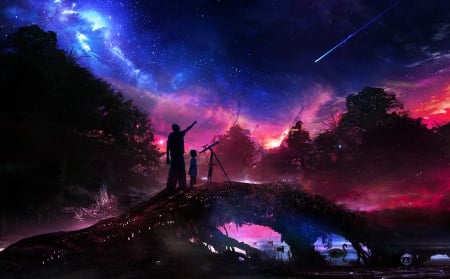 Fallen star - pinkblue, sky, fallen star, people, night, child, fantasy, telescope, art, father, boy, luminos