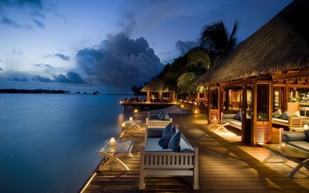 Sea Resort - sky, veranda, clouds, water, bench, house, lights