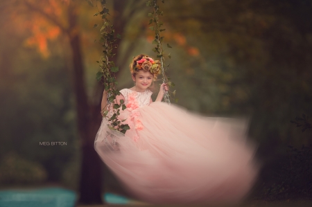 Little princess - fetita, dress, girl, copil, orange, child, leagan, tree, swing, meg bitton, autumn, princess, little