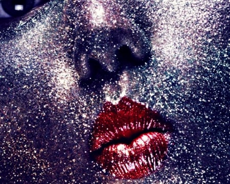 Kiss - andreea diaconu, face, red, make-up, model, lipstick, girl, blue, lips, texture, glitter, woman