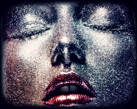 Andreea Diaconu - andreea diaconu, face, red, make-up, model, lipstick, girl, blue, lips, texture, glitter, woman