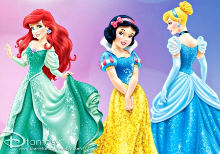 Ariel, Snow White and Cinderella - yellow, blue, dress, girl, blonde, fantasy, redhead, red, green, princess, disney, brunette