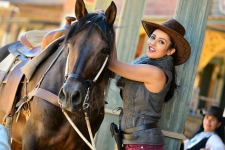 Cowgirl Mishti - girls, women, style, fun, models, mishti chakraborty, female, cowgirls, hats, western, brunettes, horses, ranch