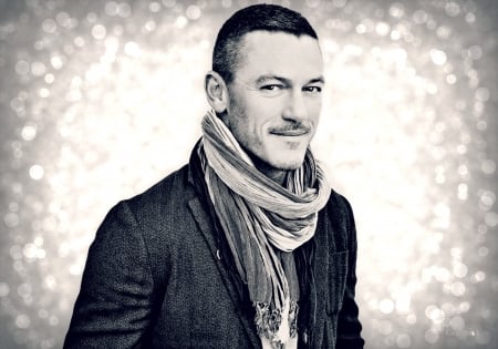 Luke Evans - winter, black, luke evans, scarf, bw, actor, by cehenot, male, white, bokeh, man