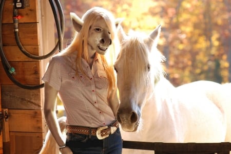 Halloween Cowgirl - style, girls, western, women, halloween, models, cowgirls, horses, fun, female, barns, masks, boots, blondes, fashion