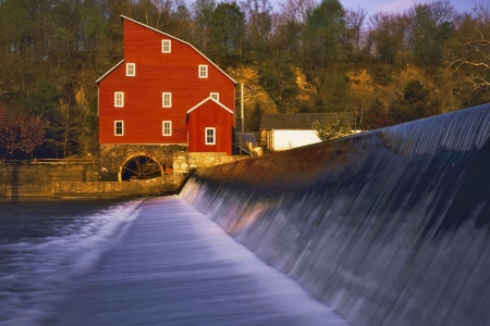 Clinton Mill, Raritan River, New Jersey - water, leaves, house, trees, colors, autumn