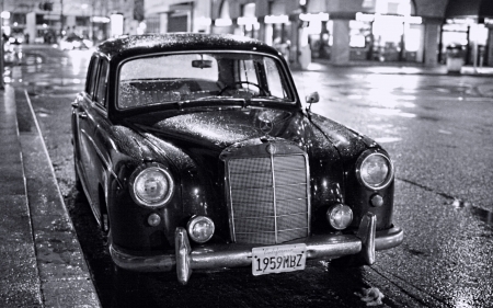 old california mercedes in the rain - street, car, rain, old, night, BW