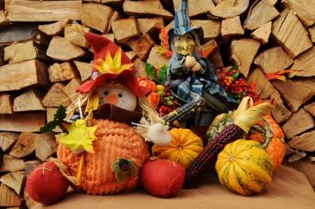 Fall Season - witch, halloween, pumpkins, leaves, corn cobs