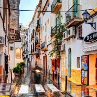 side street in Ibiza on a rainy day