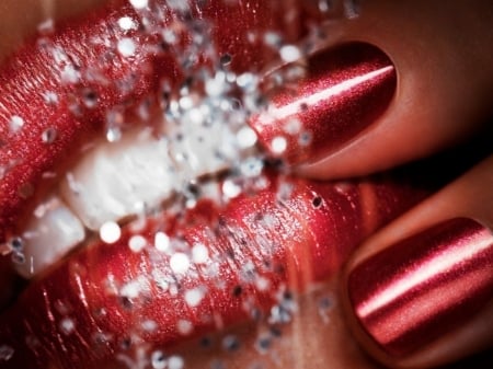 manicure - sequins, teeth, red, nails