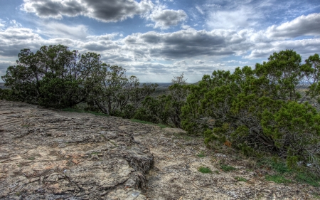 beautiful nature overlook hdr - view, trees, hilltop, clouds, hdr, rocks