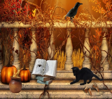 Halloween Time - book, pretty, black, beautiful, cat, abstract, seasonal, art, crow, fence, black cat, lovely, pumpkins, orange