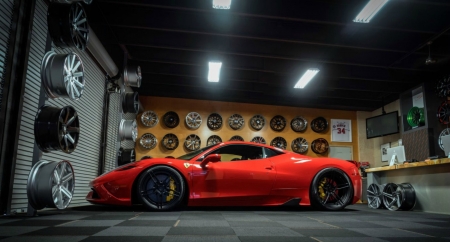 Ferrari-458-Speciale - red, garage, black rims, ferrari