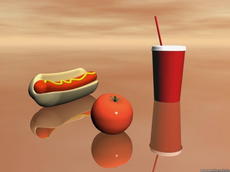 hotdog - drink, tomato, hotdog, mustard