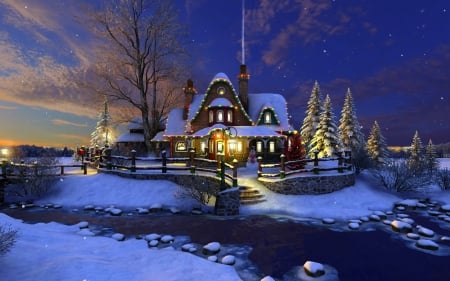 Merry christmas - cottage, blue, beautiful, night, winter, color, lovely, christmas