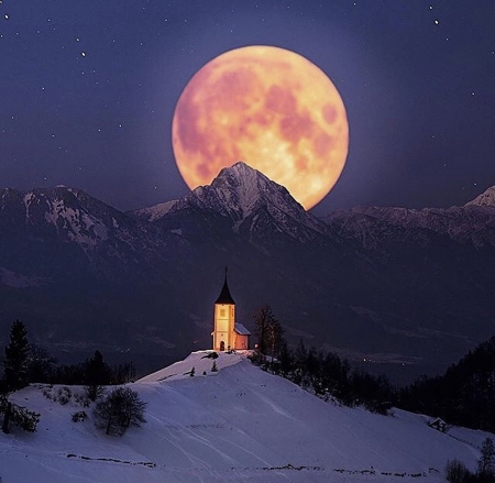 The moon - hill, winter, beautiful, landscape, photo, church, mountain, nature, galaxy