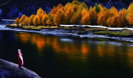 Autumn colors - beauty, girl, autumn splendor, lovely, autumn colors, view, clouds, beautiful, river