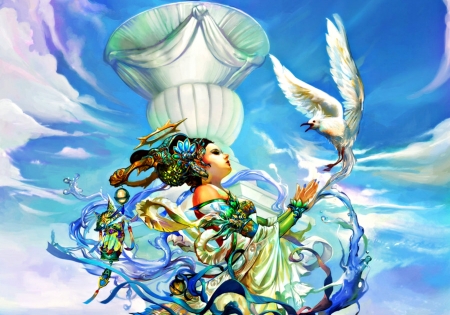 Celebration - bird, blue, girl, celebration, fantasy, white, green, woman, wings, chen wei, art