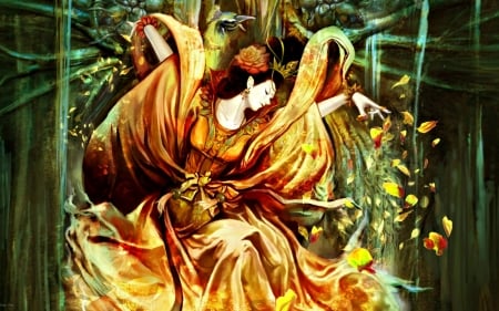 Queen of the West - chen wei, girl, art, fantasy, petals, leaf, queen of the west, orange, woman, autumn, green