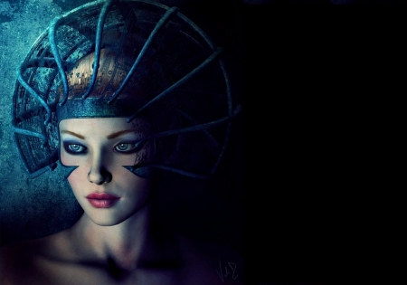 Fantasy girl - blue, girl, beauty, black, fantasy, woman, face, signed, luminos