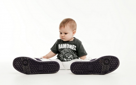 Little boy in big shoes - copil, child, boy, shoes, big, white, funny, cute, little, baietel