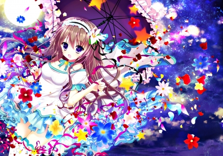 Raining with flowers - shiwasu horio, anime, yellow, blue, original, girl, flower, colorful, manga, umbrella, purple, red, rain