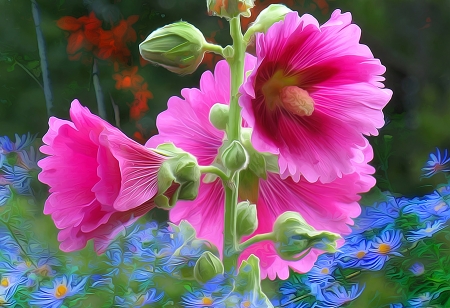 Flowers - summer, flower, pictura, pink, painting, blue, art, green