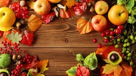 Harvest Time II - mushrooms, autumn, thanksgiving, chesnuts, apples, berries, wood, fall, harvest, planking, leaves, firefox persona theme