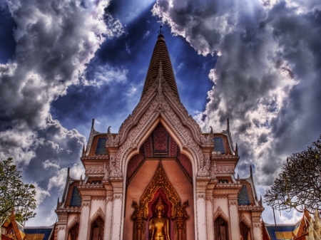 temple piercing the sky hdr - sky, statue, clouds, hdr, temple, pagoda