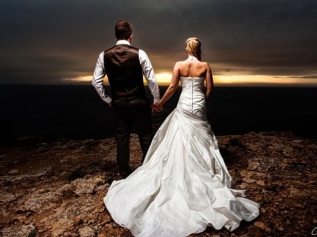 Bride and Groom - beauty, love, wedding, sunset, couples