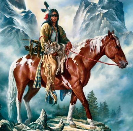 They Call Me Wolf F - beautiful, landscape, horse, wide screen, equine, painting, mountains, Native American, art