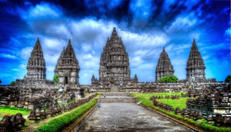 ancient prambanan temple in indonesia hdr - path, ancient, pagodas, hdr, temple, sky