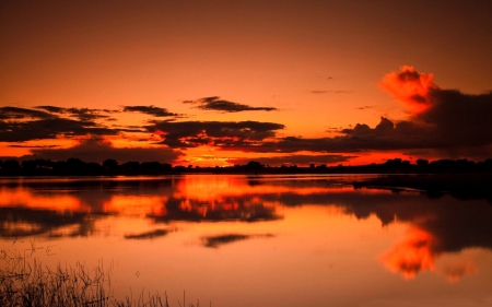 Reflection Autumn Sunset - clouds, sunset, nature, autumn, lake, reflection