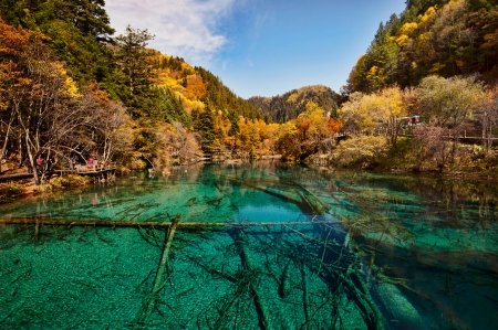 Jiuzhaigu-Valley, China - autumn, trees, cliff, water, mountains