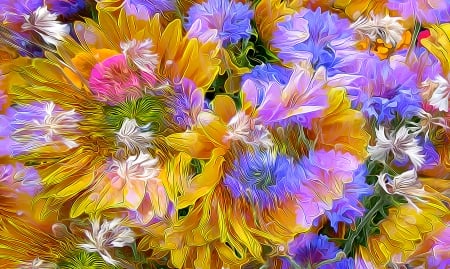 Flowers - flower, purple, pink, yellow, sunflower, art, pictura, texture, painting, green