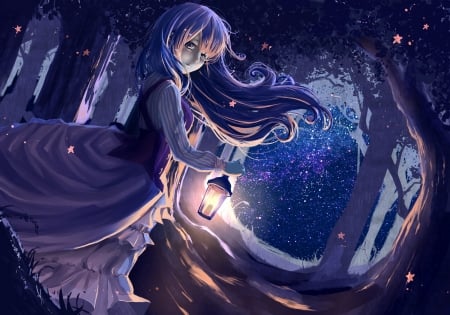 Come with me! - ryouya, girl, light, night, star, purple, dark, forest, lantern, woods, luminos, anime, tree, manga