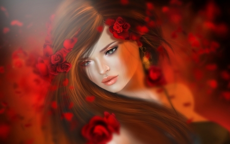 Rose - beauty, woman, face, rendering, girl, fantasy, rose, flower