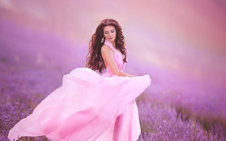 Pink beauty - summer, flower, pink, model, girl, dress, field, lavender, woman