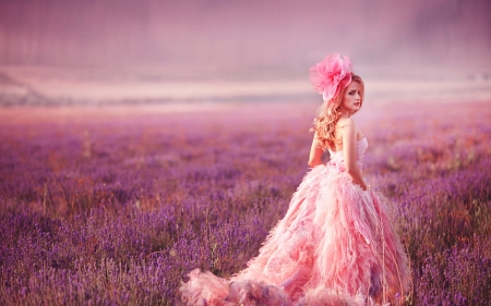 Pink beauty - summer, flower, pink, model, girl, dress, field, lavender, woman