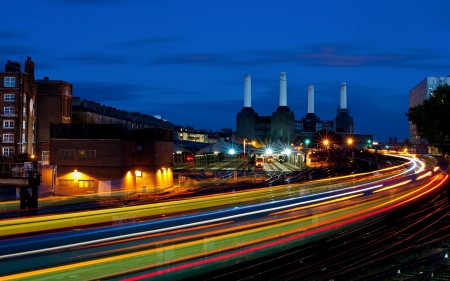 highway car light in long exposure - long exposure, highway, lights, industry, night, railroads