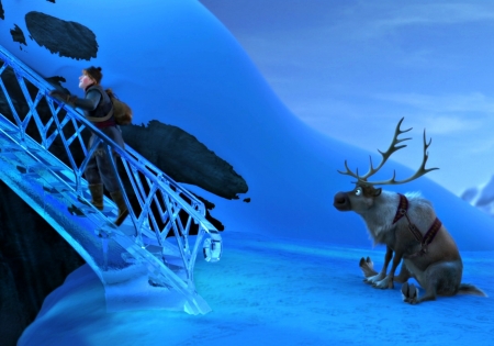 Frozen - winter, blue, snow, man, horns, ice, rendeer, fantasy, stairs, frozen, funny, movie, disney