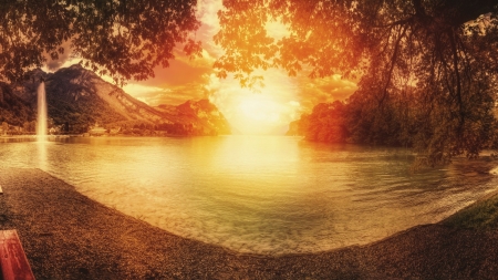 Sunset at Lake - lake, mountains, trees, nature