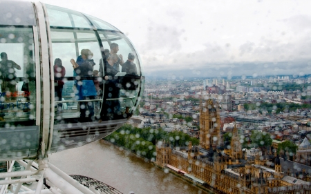 rainy day view from the london eye - river, view, rain, city, ferris wheel